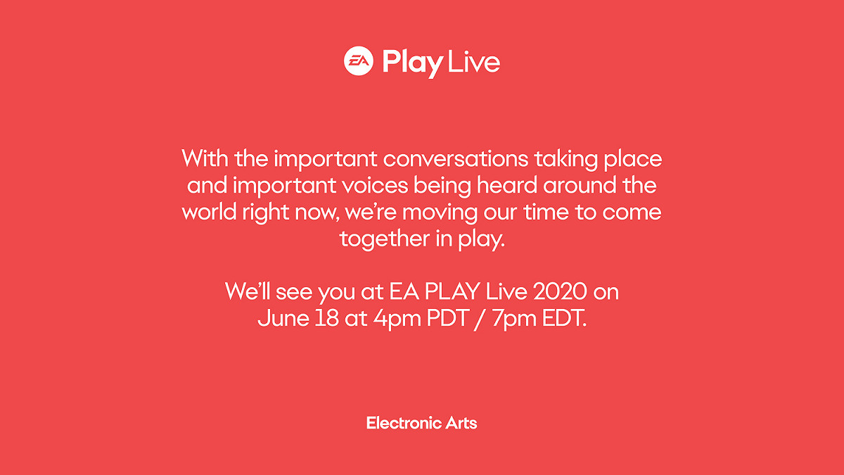 美商藝電宣布本月 12 日舉行的 EA Play 活動延至 6 月 18 日 圖：翻攝自 EA 官方推特