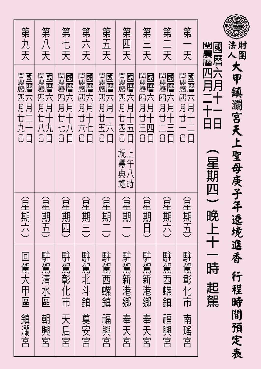 大甲媽遶境行程表。 圖：鎮瀾宮/提供