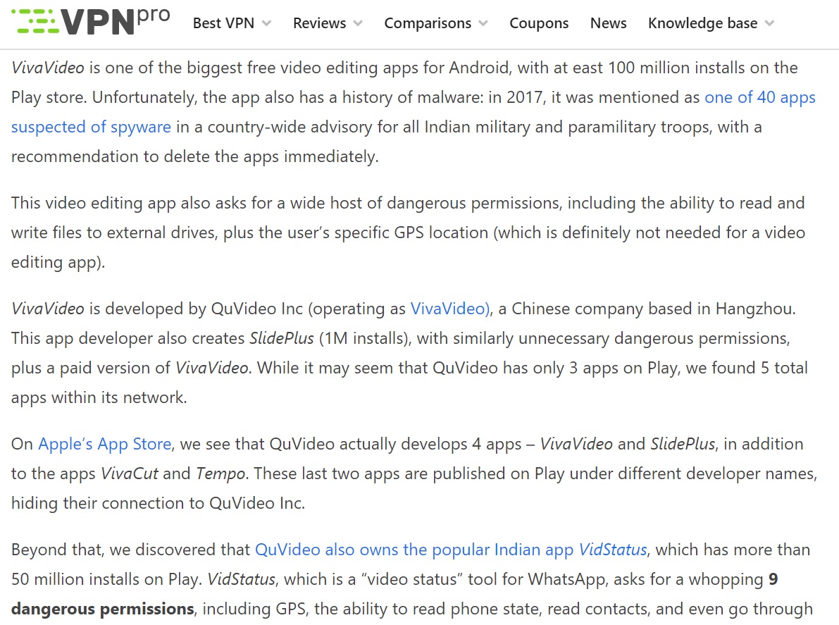 資安研究機構 VPNpro的調查報告指影音剪輯App「小影」（VivaVideo）具有「高度危險性」。 圖：截取自資安研究機構 VPNpro官網