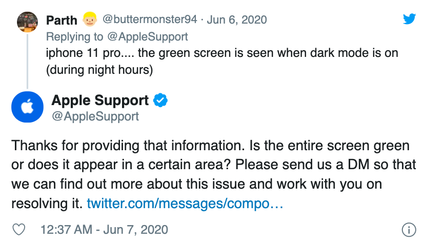 蘋果回應網友手機綠屏問題。 圖：翻攝自Apple Support推特