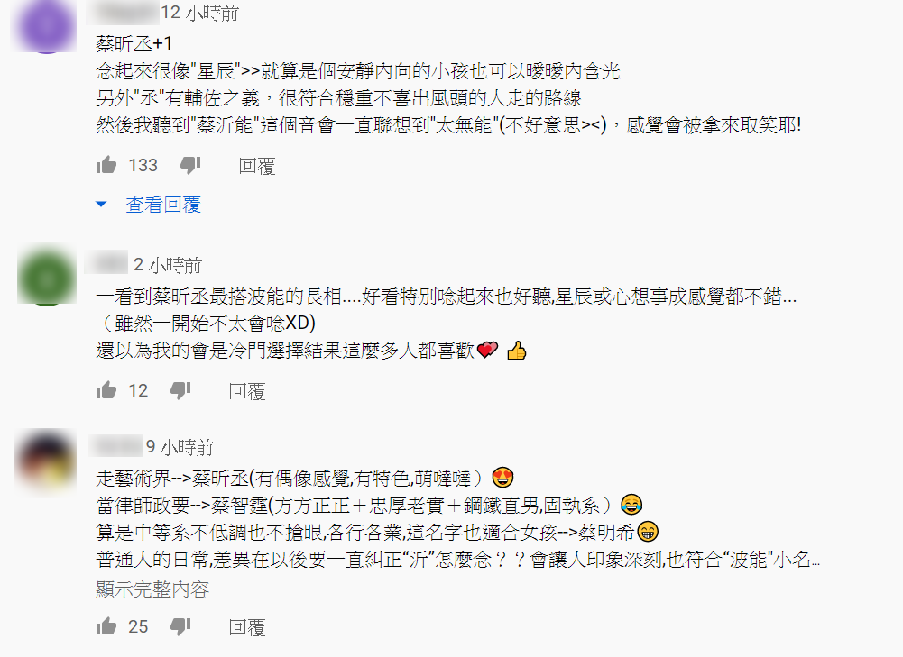 4個名字中呼聲最高的為「昕丞」，網友表示這個名字唸起來順口、夢幻且有特色。 圖 : 翻攝自蔡阿嘎Youtube