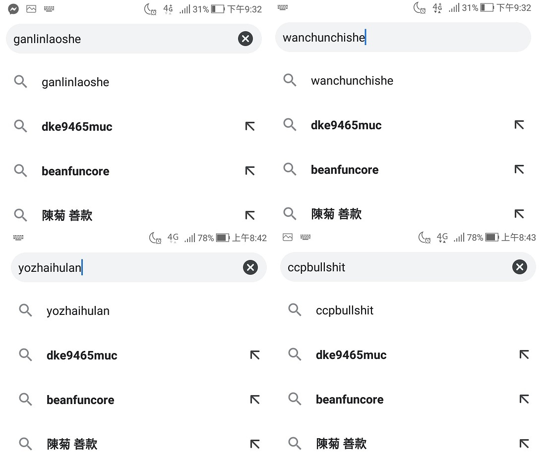 近日有網友發現，在Google搜尋引擎用英文隨意打一串英文字，在下方顯示的可能搜尋關鍵字中，竟然多次出現「陳菊善款」4字 圖:翻攝自GOOGLE