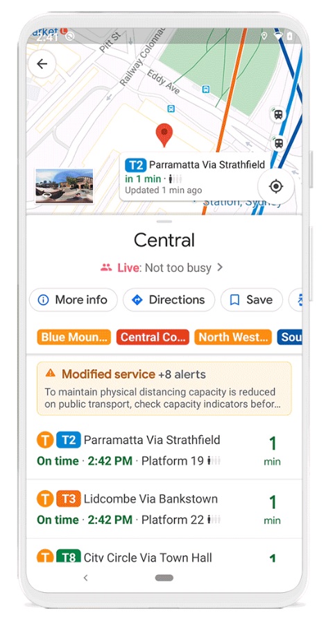 google地圖的新功能可查看大眾運輸的繁忙程度與人潮情況。 圖：截取自google 地圖官網