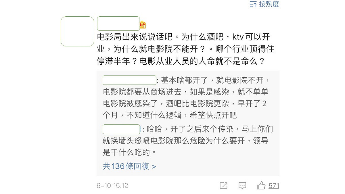 中果網民開始質疑政府，為什麼各行業都開始復甦，電影院卻遲遲不復工。 圖：翻攝微博
