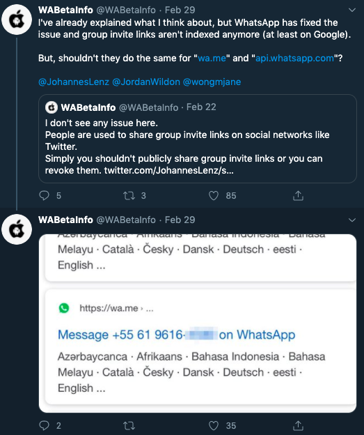 WABetainfo早在2月就發現WhatsApp漏洞。 圖：擷取自WABetaInfo推特