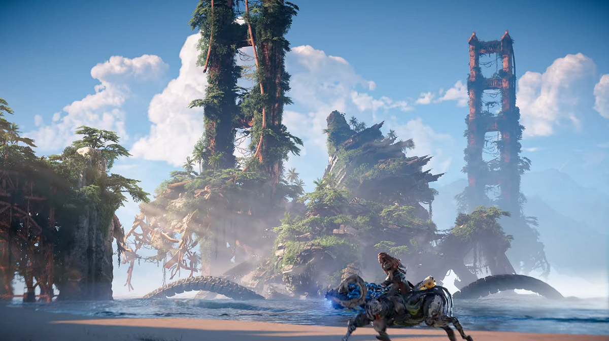 《地平線：期待黎明》續作《Horizon 2：Forbidden West》宣傳片釋出，可以看出亞羅伊將前往更開闊、更危險的地區展開冒險。 圖：翻攝自PlayStion YouTube