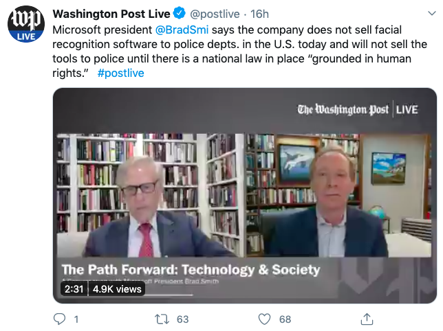 微軟總裁史密斯（Brad Smith）受《華盛頓郵報》訪問。 圖：擷取自Washington Post Live推特