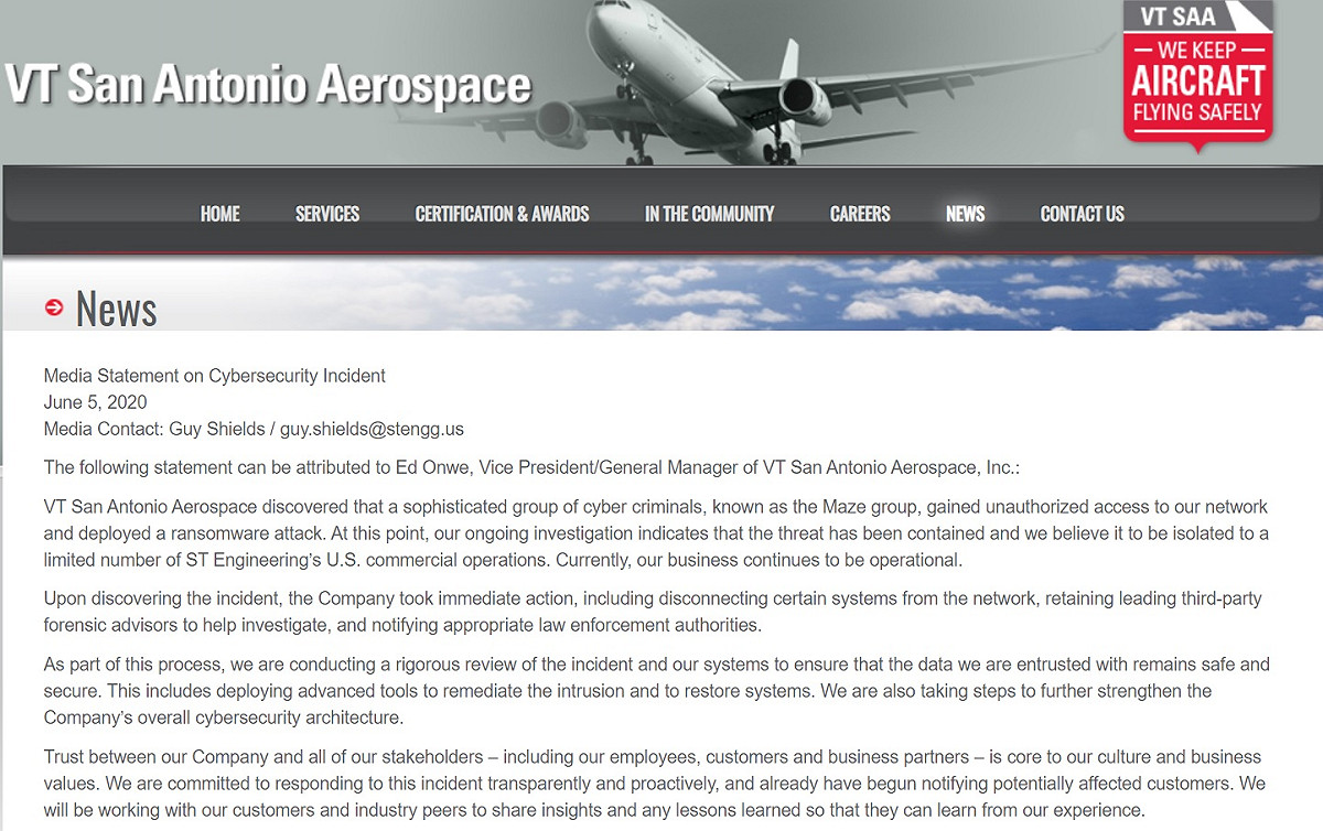 位於美國的航太服務供應商VT San Antonio Aerospace在官網宣布遭駭客攻擊。 圖：截取自官方網站