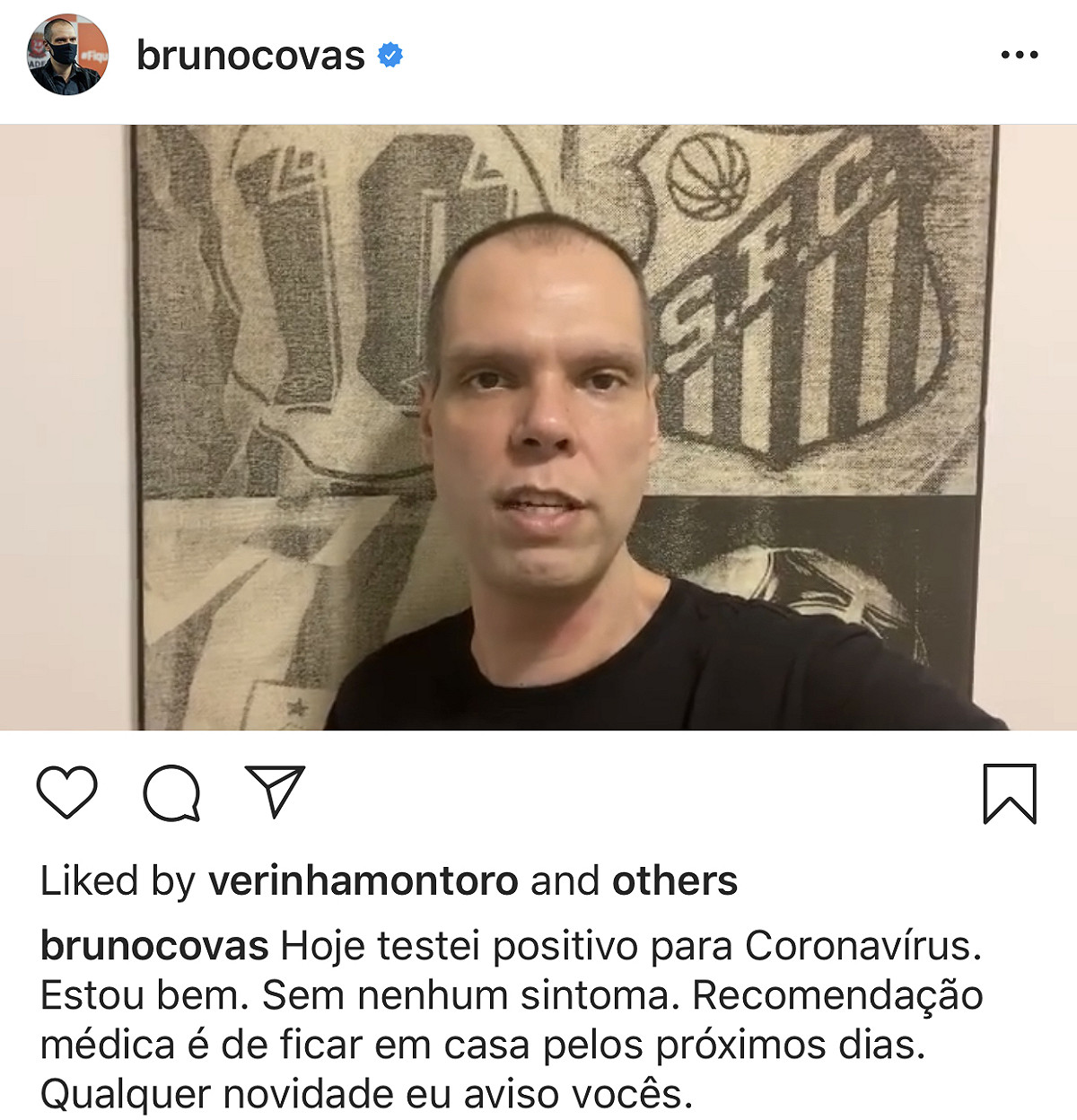 巴西聖保羅市長科瓦斯（Bruno Covas）日前在IG宣佈自己確診　 圖：翻攝自「Bruno Covas」IG