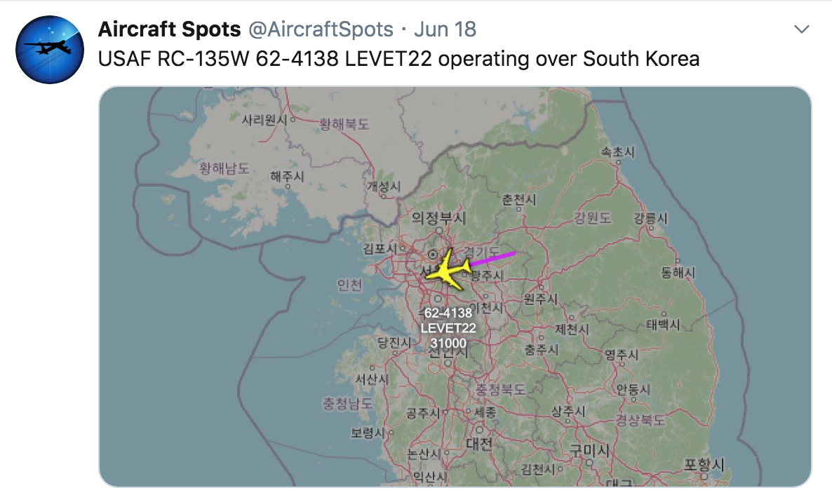 美國偵察機連續兩天在南韓首都圈上空飛行，加強對北韓的監察。 圖：翻攝自「Aircraft Spots」Twitter