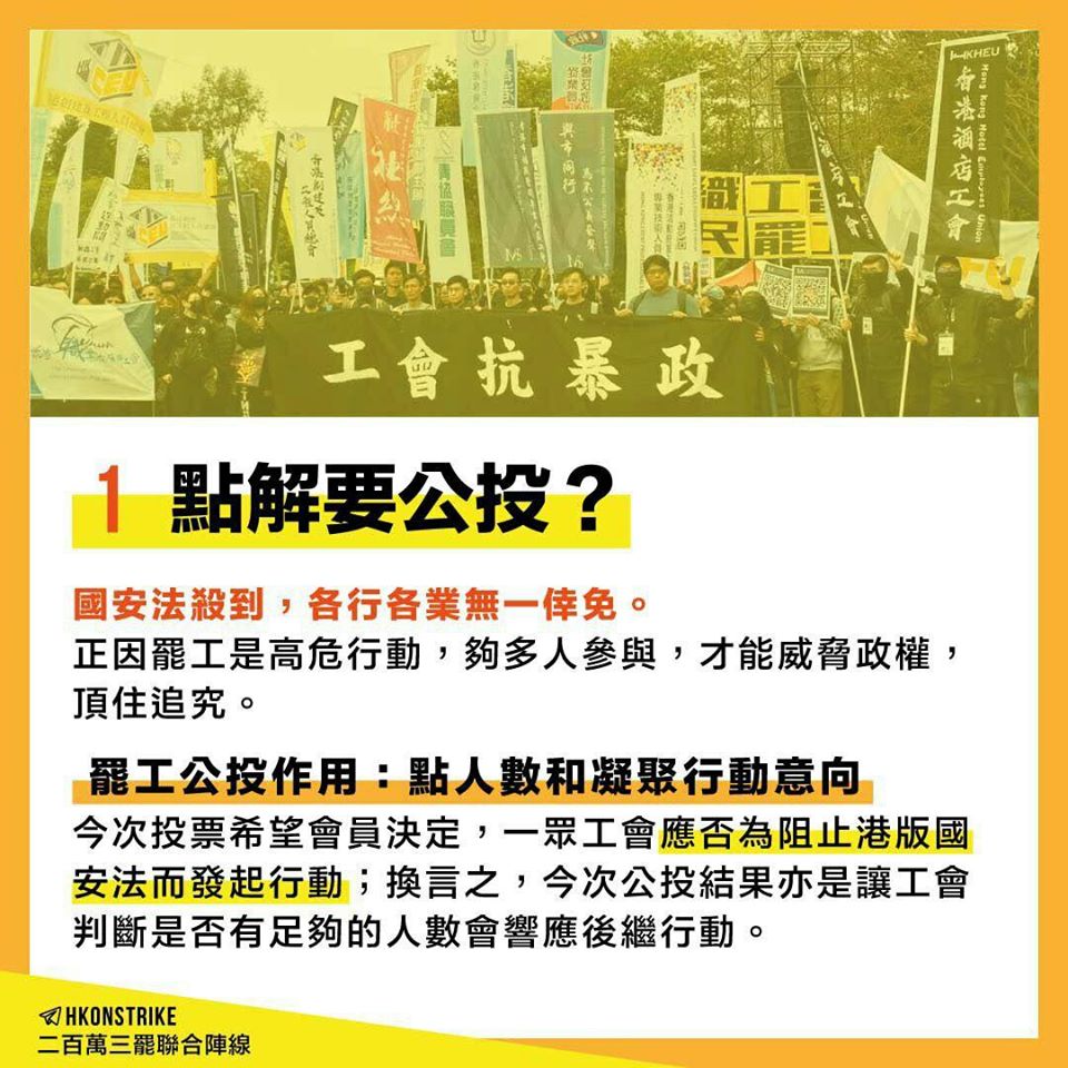 反對「港版國安法」立法，罷工罷課公投未過門檻。 圖/翻攝自「二百萬三罷工會聯合陣線 」臉書粉專