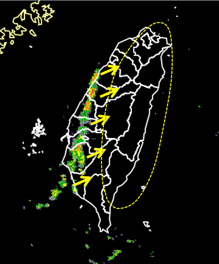 中南部沿海出現雲雨帶，並且隨著西南風往內陸移動，可能會影響到今（21）日下午的日環食觀測。 圖：取自吳聖宇Facebook粉絲專頁