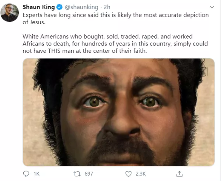 美國自由派人士Shaun King也發文，內容呼籲人們去推倒歐洲白人樹立的對於耶穌基督的認知。 圖：翻攝自推特