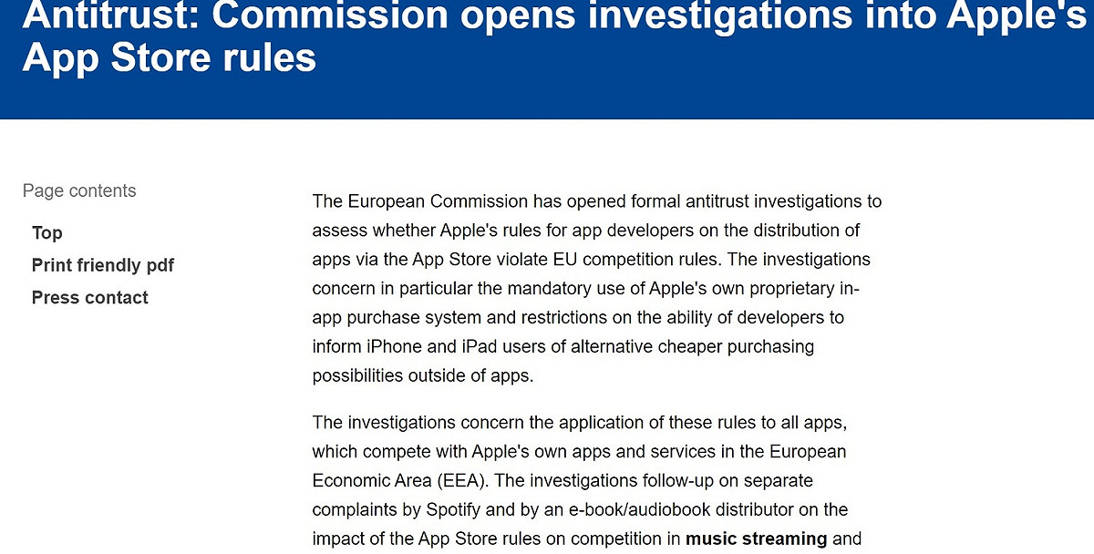 歐盟針對蘋果展開反壟斷調查，看蘋果App Store和支付服務Apple Pay是否違反市場競爭規則。 圖：截取自歐盟官網