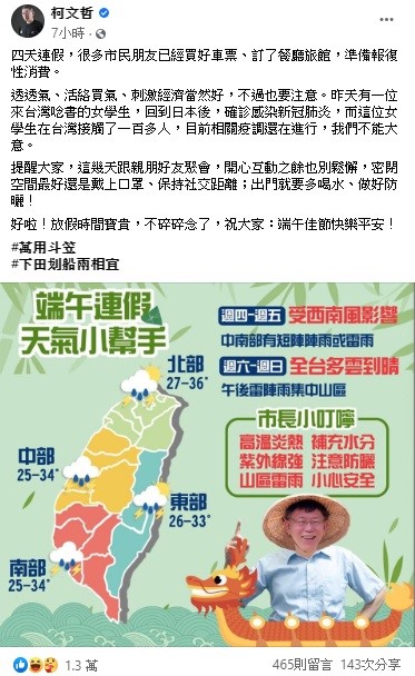 柯文哲在臉書上表示，四天連假，很多市民朋友已經買好車票、訂了餐廳旅館，準備報復性消費！透透氣、活絡買氣、刺激經濟當然好，不過也要注意密閉空間最好還是戴上口罩、保持社交距離。 圖：翻攝自柯文哲臉書