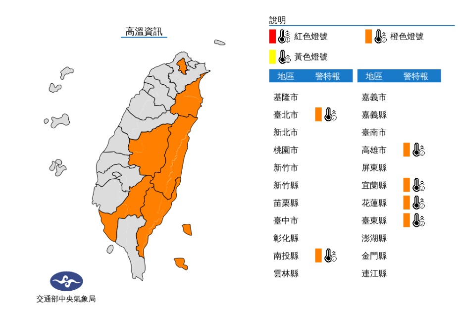 氣象局針對六縣市發布高溫橙色燈號。 圖/氣象局