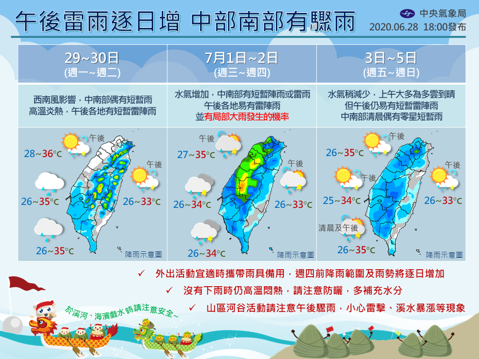 中南部易有短暫陣雨或雷雨，但持續時間不長。 圖：翻攝自氣象局臉書