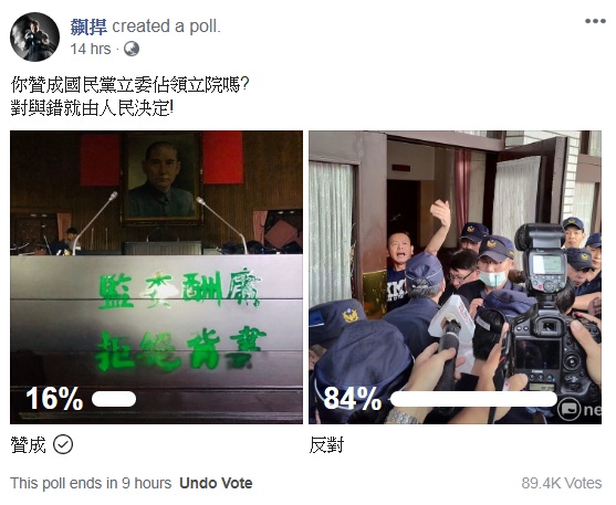 館長舉辦網路投票，預期在投票截止之前將有超過10萬網民投票，目前約85%反對藍委進入立院 圖:擷取自臉書