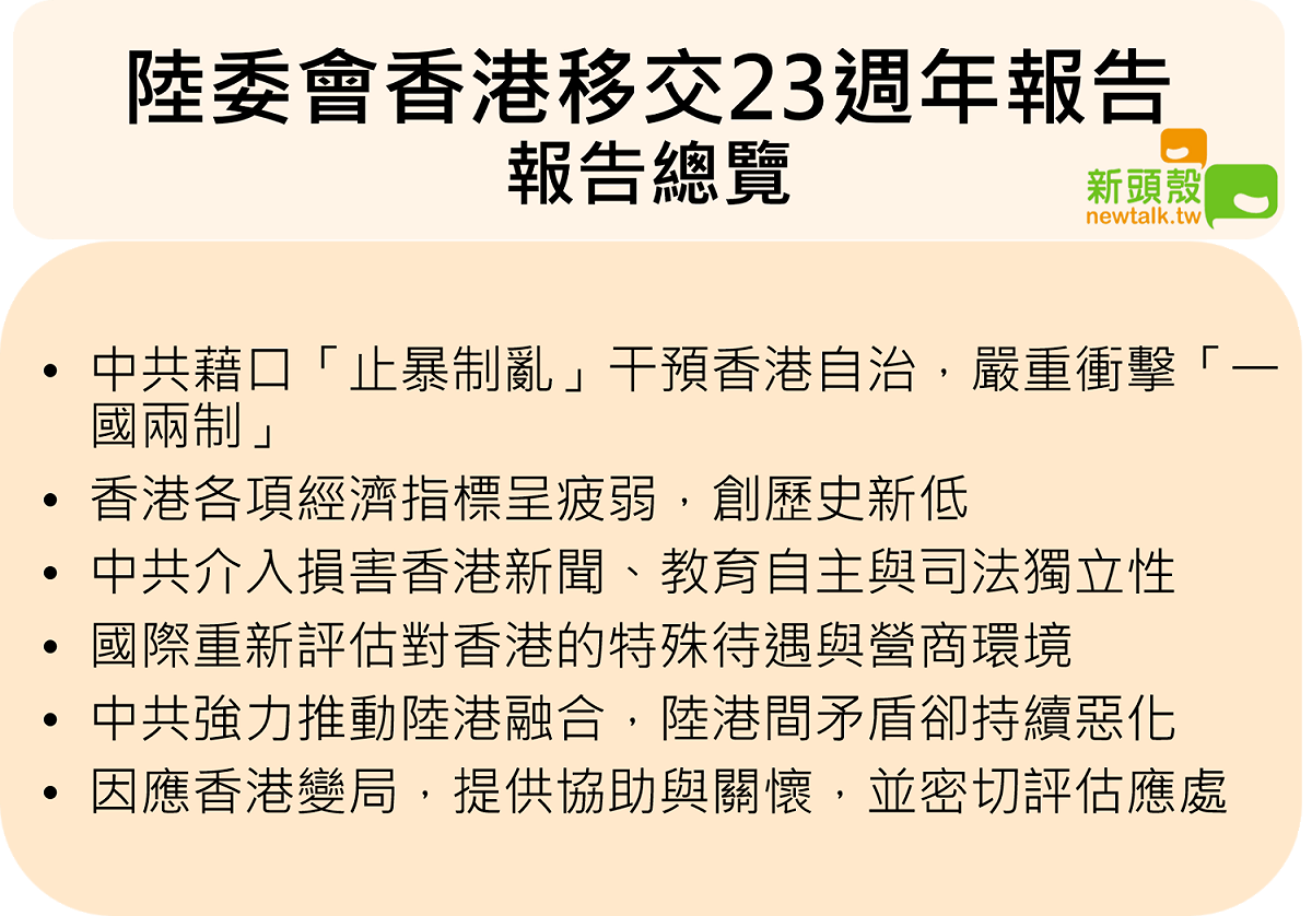 陸委會發布香港移交23週年報告。 圖：Newtalk/製作