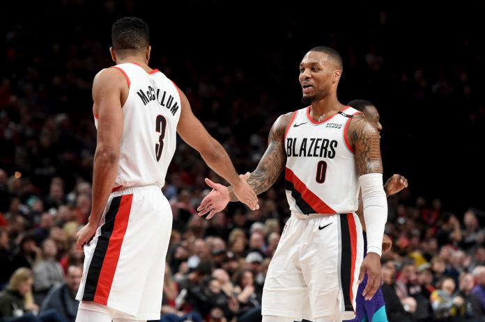 拓荒者球星Damian Lillard和CJ McCollum。 圖／美聯社／達志影像
