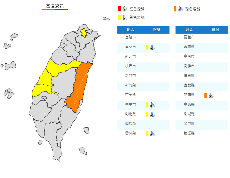 今（2）日，全台沒下雨時仍悶熱，各地高溫普遍在33、34度以上。 圖：擷取自中央氣象局官方網站