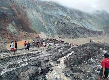 緬甸一翡翠礦區塌方約200人被埋，目前已找到33名遇難者遺體，媒體估計至少有50人罹難。 圖 : 翻攝自人民日報。