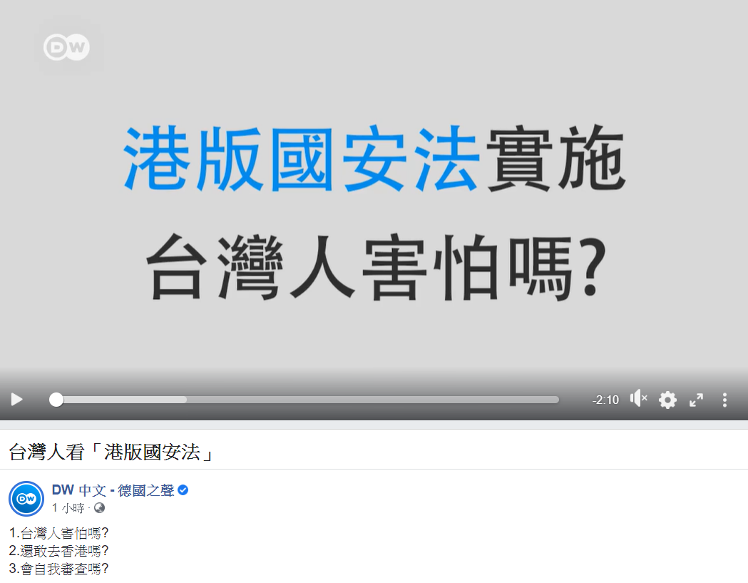 德媒《德國之聲》街訪，問「港版國安法實施，台灣人害怕嗎？」等問題，在受訪的民眾中，大多數人都「感到害怕」。 圖：翻攝自德國之聲臉書