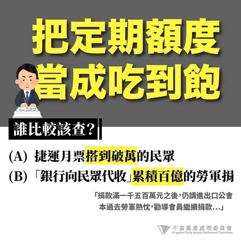 黨產會在臉書發文說明，歷史上曾發生過「定額被當成吃到飽的故事」。 圖：黨產會／提供