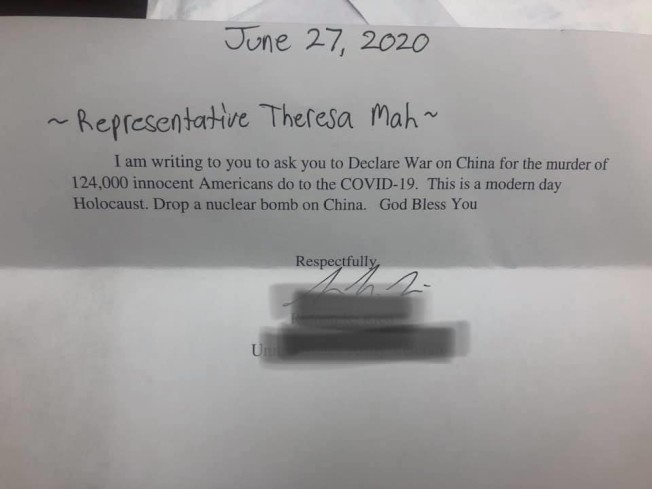 華裔州眾議員馬靜儀收到一封來信，信中要求對中國宣戰，還要求向中國投擲原子彈。 圖：翻攝Theresa Mah臉書