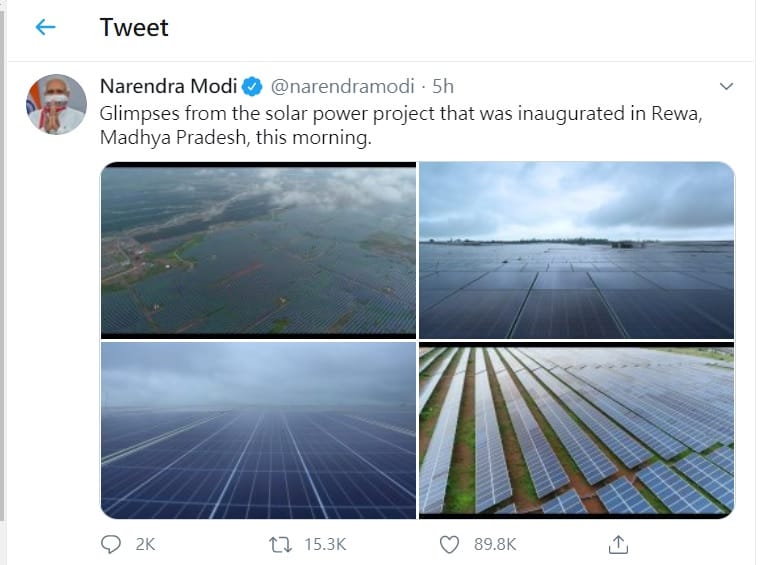 為了避免被中國掐住能源勒索，印度啟動了全亞洲最大的太陽能發電站 圖：z0 gk4y4莫迪推特