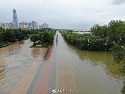7月12日下午5時，漢口江灘，湖邊公園已整個被淹沒。 圖：翻攝自長江日報
