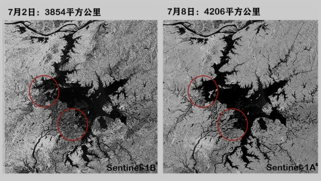 最新衛星監測顯示，鄱陽湖主體及附近水域面積為近10年最大，鄱陽縣境內多處圩堤出現漫堤險情。 圖：擷取至中國國家衛星氣象中心