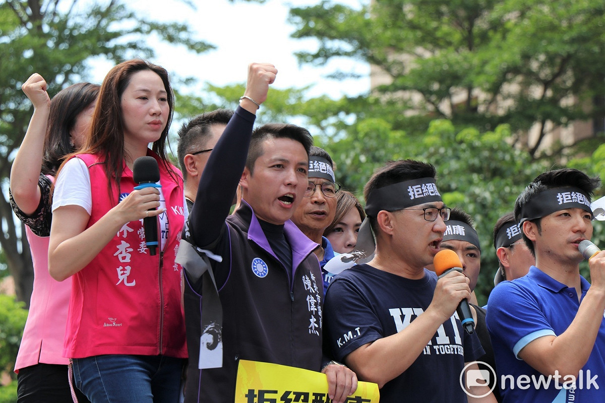 新北市議員陳偉杰高呼口號，表達對這次監院人事案的不滿。 圖：謝孟華/攝