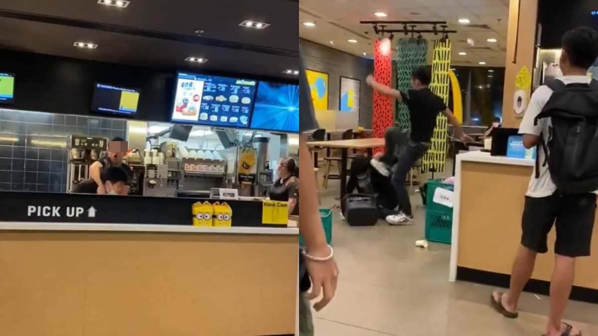 該名男子衝進櫃台內，把經理痛扁一頓。經理在臉部多次中拳後，跌出櫃台，跌坐在地上，男子繼續出腳，狠踹經理的頭。 圖：翻攝網路影片