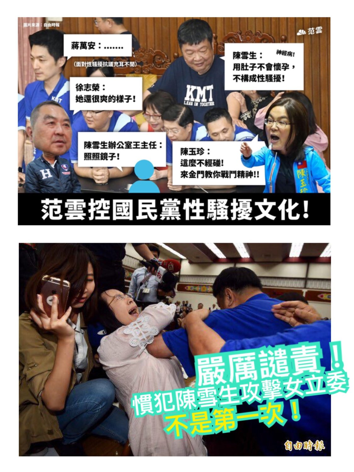 陳瑩指控，曾在審查前瞻計劃預算時，直接遭陳雪生肘擊胸部。 圖：翻攝陳瑩臉書