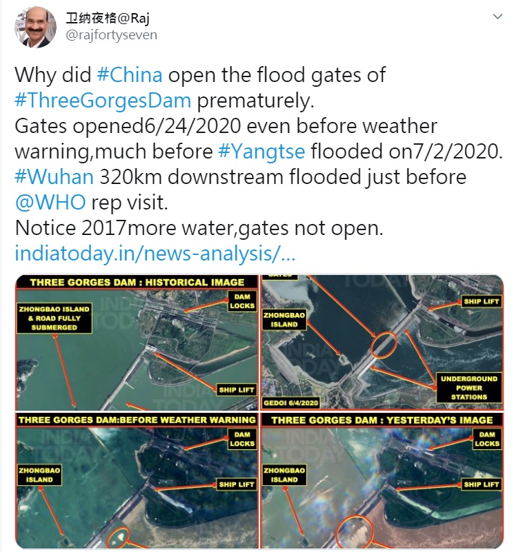 印度退伍空軍上校衛納夜格提供的三峽大壩衛星照片顯示，三峽大壩閘門全開洩洪，水淹下游地區。 圖：翻攝自衛納夜格推特