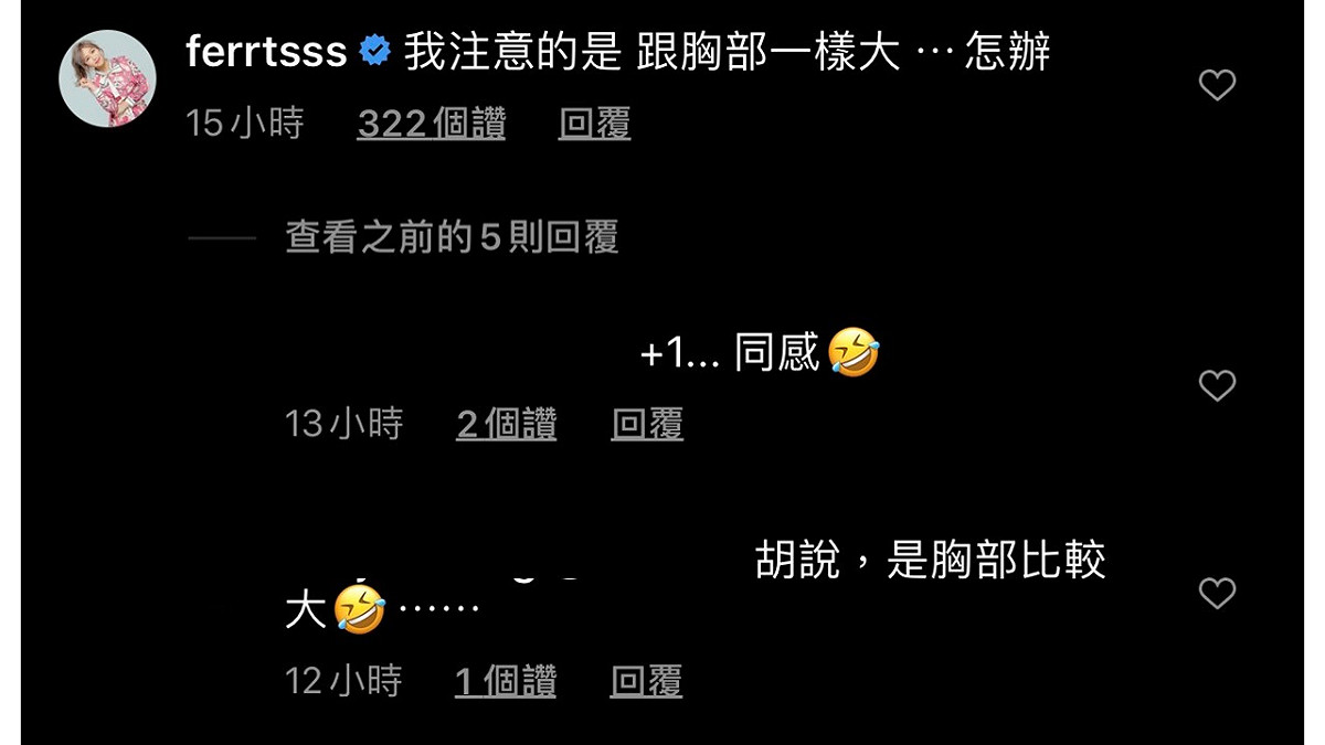 網紅鄭茵聲留言：「我注意的是，跟胸部一樣大，怎辦」導致網友們紛紛歪樓。 圖：翻攝Instagram