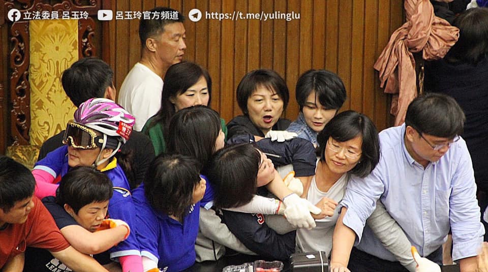 呂玉玲表示她遭到綠委勒脖、揮拳，甚至被架離，林楚茵還直接對她的臉揮拳，並以手摀住她的口鼻。 圖：翻攝呂玉玲臉書