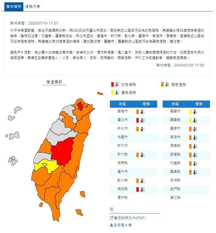 今(20)日全台高溫持續，10多個縣市拉警報。 圖：中央氣象局/提供