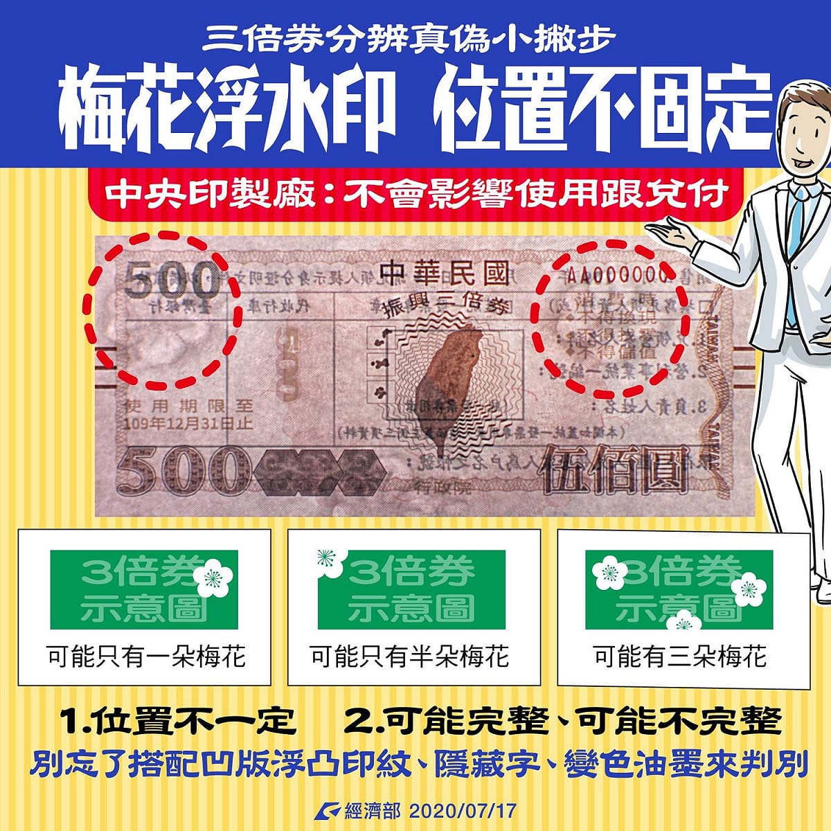經濟部向大眾宣導防偽撇步，顯示梅花浮水印的位置不固定，數量、形狀也不同。 圖：取自經濟部臉書
