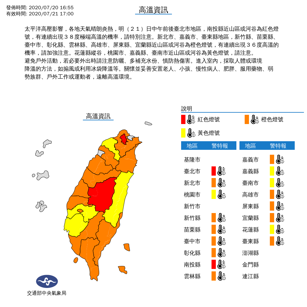 全台持續高溫，幾乎都是紅色、橙色燈號警報。 圖：中央氣象局/提供