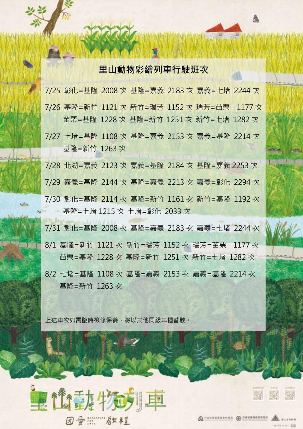 里山列車最後行駛時刻表。 圖：台鐵／提供
