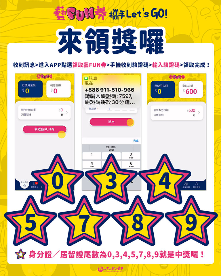 文化部中午進行藝Fun券公開抽獎，中獎的身分證尾數「0894573」，諧音唸起來就像「林北就是有錢爽」。 圖：翻攝自文化部臉書
