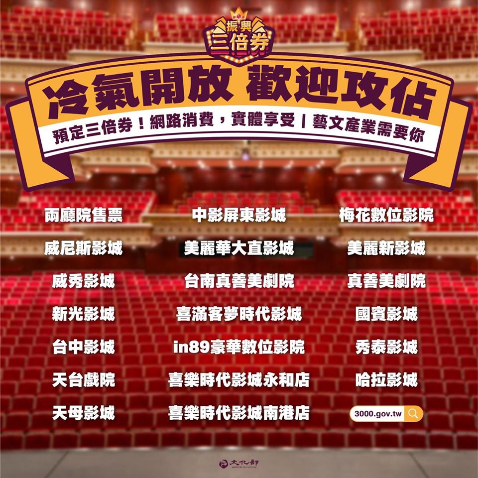 喜歡看電影跟表演的朋友，文化部幫忙整理出以下這些店家可以消費藝FUN券。 圖：翻攝文化部臉書粉絲專頁