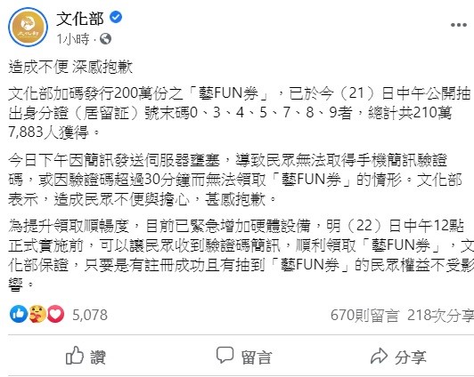 針對民眾抱怨「沒收到簡訊」或「身分無法驗證」等消息，文化部透露，今日下午因簡訊發送伺服器壅塞，導致有無法領取「藝FUN券」的情形，目前已緊急增加硬體設備，保證22日中午12時前民眾可以收到驗證碼簡訊。 圖：翻攝自文化部臉書