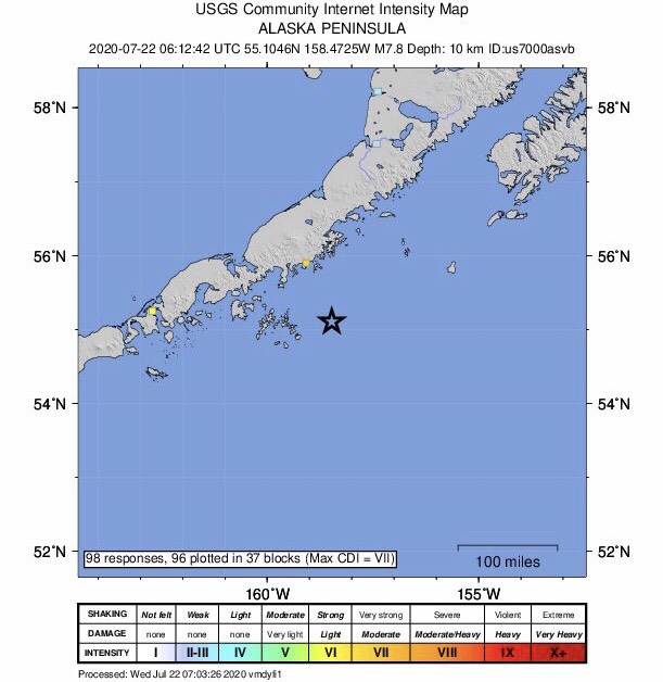 跟據美國地質調查所(USGS)今(22)日發佈美國阿拉斯加外海發生7.8的淺層地震，要特別留意海嘯發生。 圖：翻攝美國地質調查所(USGS)官網