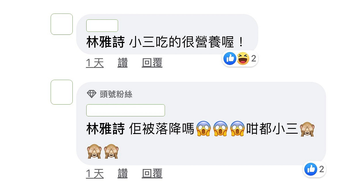 網友除了問林雅詩老公是不是被下降頭外，也調侃小三吃得太營養了。 圖：翻攝林雅詩臉書粉絲專頁