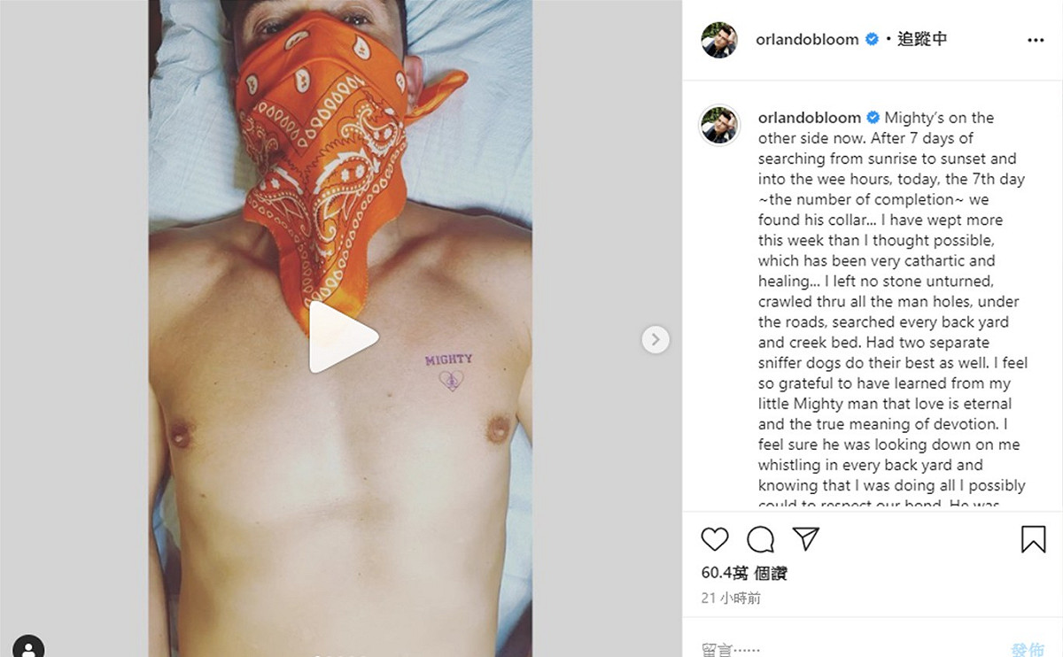 奧蘭多布魯在Instagram發文紀念他的愛犬。 圖：翻攝Instagram