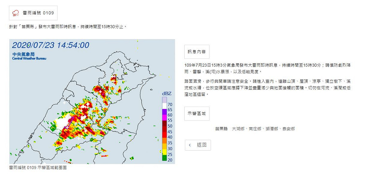 中央氣象局針對苗栗縣發佈大雷雨即時訊息，雷雨持續到下午3點30分。 圖：中央氣象局/提供