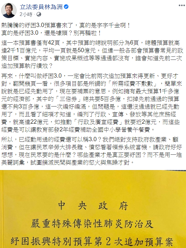 熱騰騰紓困3.0預算書 林為洲：平均一頁要50億